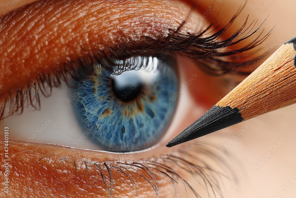 Aufkleber close-up of a human eye with a pencil approaching its surface, showcasing intricate details and vivi