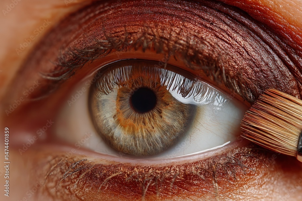 Poster makeup application focuses on an eye with vibrant colors in a bright setting during a beauty routine