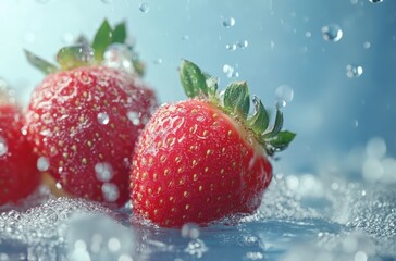 Close-up of fresh strawberries with sparkling water droplets