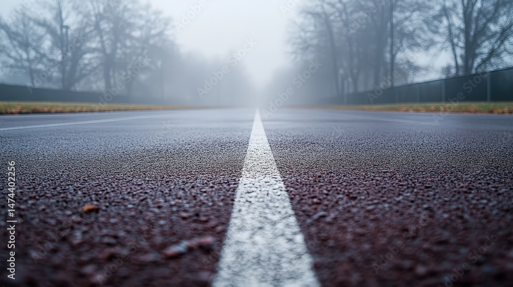 Poster a wide-angle view of a misty morning over an empty running track, with dewdrops visible on the surfa