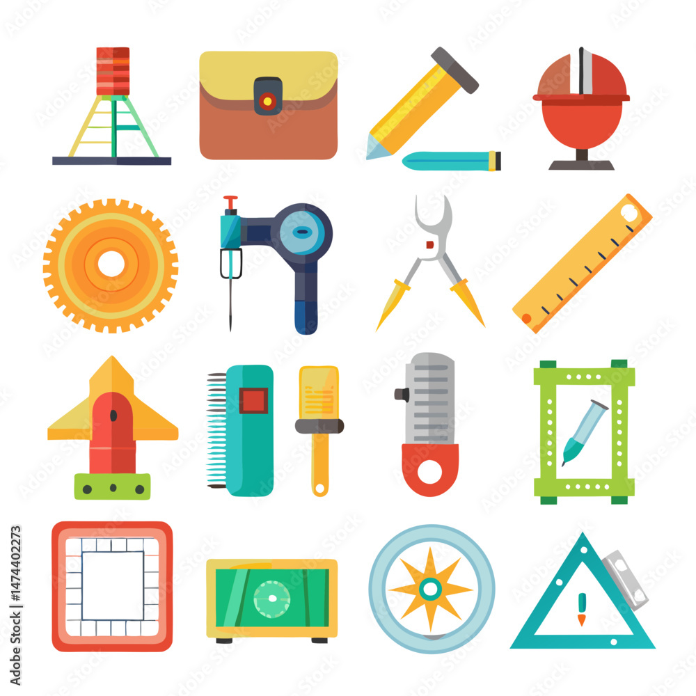Poster collection of construction and engineering vector icons in flat style