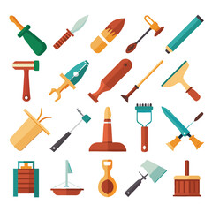 Various cartoon style tools and equipment on white backdrop