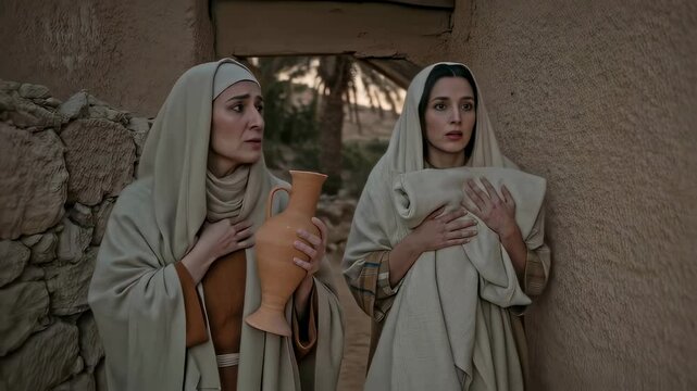 Women of ancient biblical times walking on a Jewish street. Biblical story where women go to the tomb of Jesus Christ, the apostles. Religious Easter Bible story