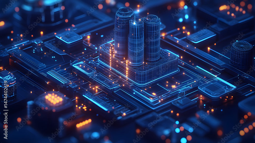 Fototapete Abstract circuit board art showcasing complex tech. Blue and orange hues highlight CPU towers and pathways, symbolizing data processing and AI. Futuristic tech design.