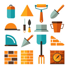 Construction tools and materials icons in flat vector style