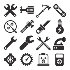 Assorted black and white tool icons on white background