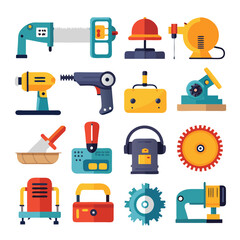 Collection of diverse tools and machines in colorful flat style