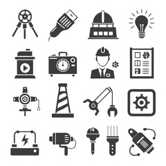 Icon set depicting science, engineering and industry equipment