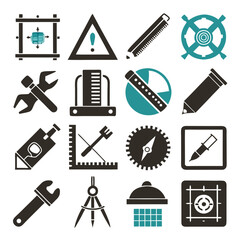 Assorted technical and construction graphic elements set on white