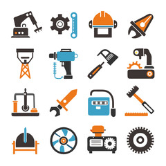 Industrial tools and machinery icons set on white background