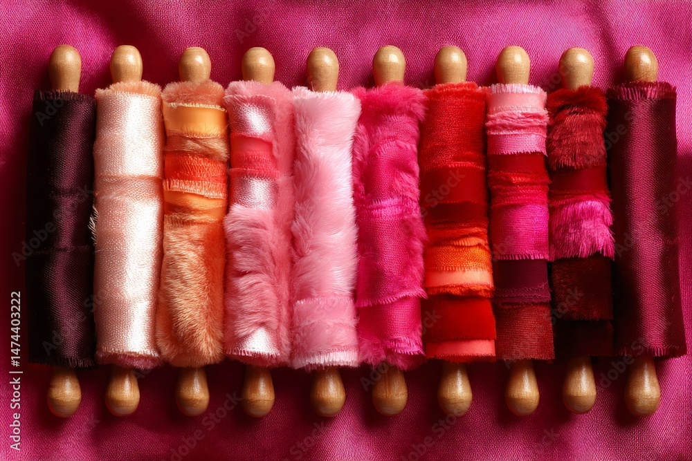 Aufkleber Colorful spools of fabric arranged in gradient on a vibrant background for crafting projects