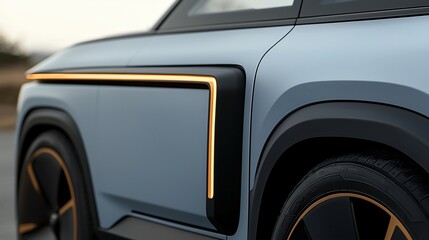 Fototapeta premium Modern car design, illuminated side panel detail. Light blue, sleek lines, black accents