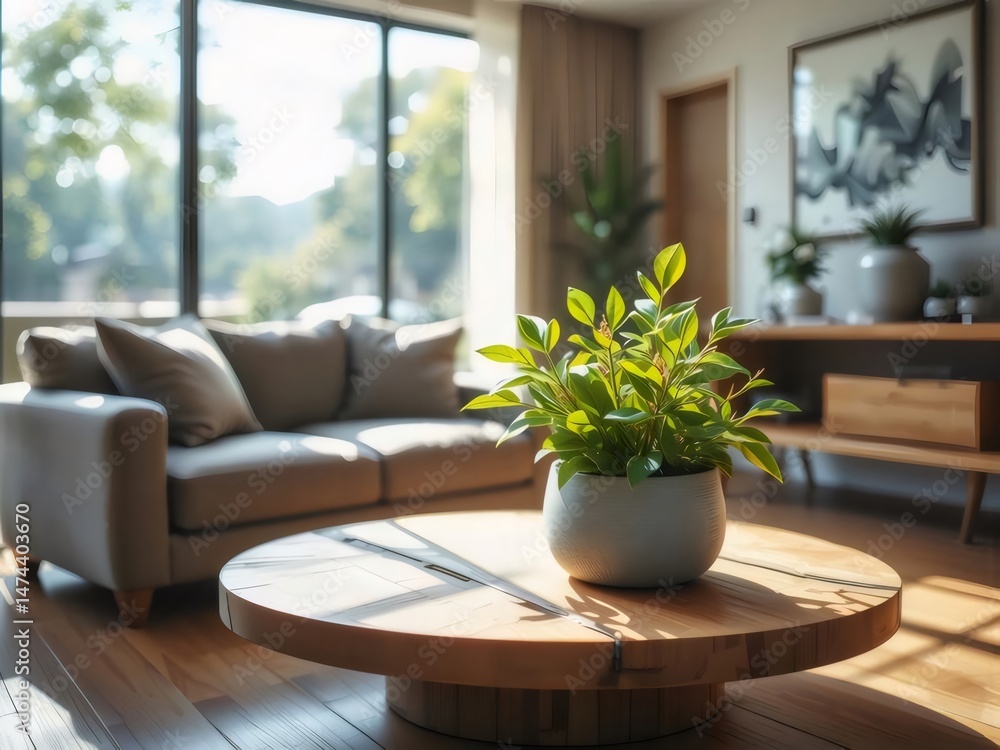 Aufkleber リビングルームの穏やかなインテリア 円卓を囲むベージュのソファと観葉植物 窓からの自然光が差し込む明るく快適な空間 ミニマリストでモダンなデザイン