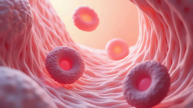 Microscopic view of human fat cells. Illustration of adipose tissue cells, scientific medical abstract concept. Biology, anatomy and medicine for education. Cell structure, research, science