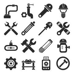 Obraz premium Collection of black and white tool and equipment icons