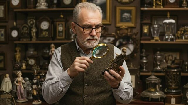 Senior male antiques appraiser intently examines a small figurine with a magnifying glass in his cluttered shop, representing historical artifact expertise, collecting and valuation