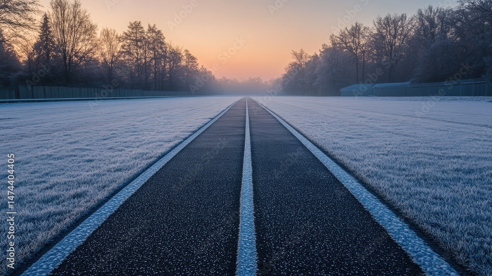 Poster a winter morning view of an empty running track lightly covered in frost, creating a surreal contras