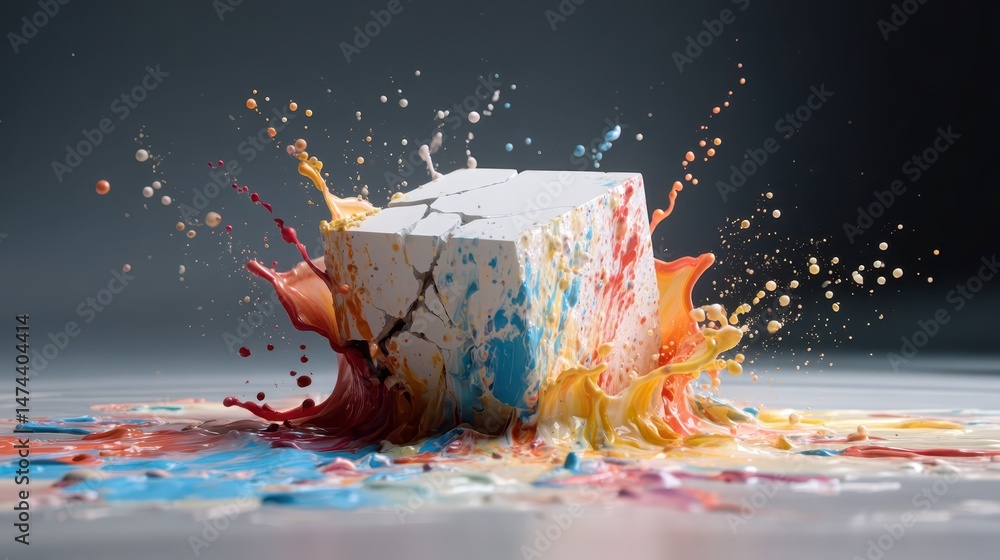 Aufkleber a block of paint falls to the ground, shattering upon impact and creating an explosion of colors in 