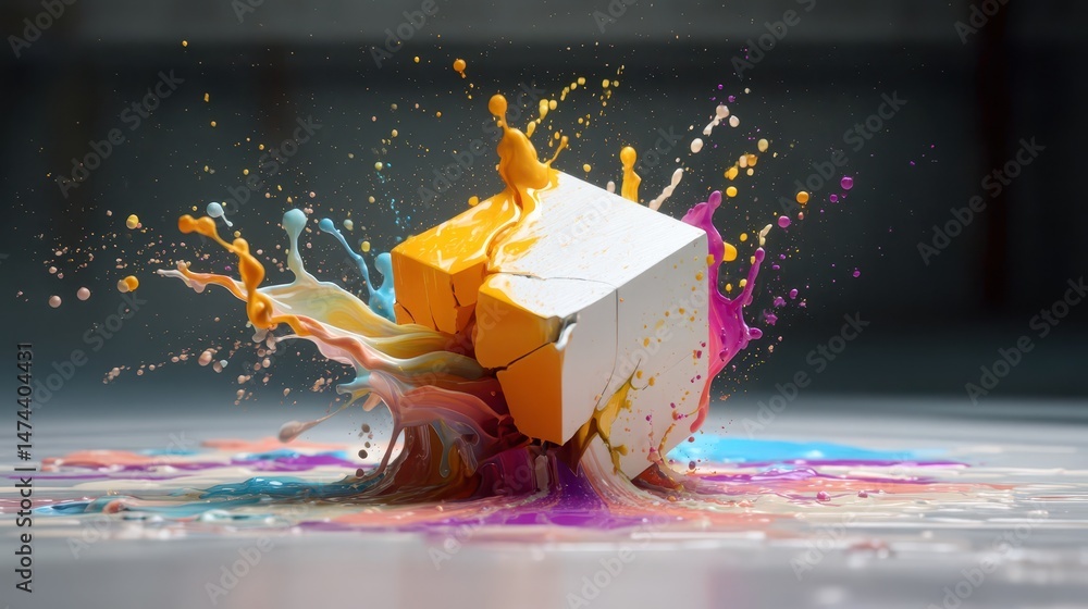 Poster a vibrant splash of paint falls in slow motion, creating an explosion of colors. the scene captures 