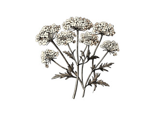 Antique floral illustration, engraving of Queen Anne’s lace flower head, rustic bloom decor motif, vintage botanical sketch, summer garden print, trendy engraved style, Black sketch art
