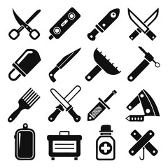 Monochrome icon set depicting various tools and medical equipment