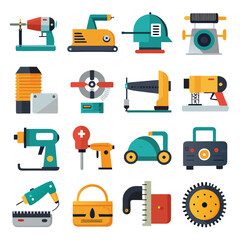 Collection of various flat design tools on white background