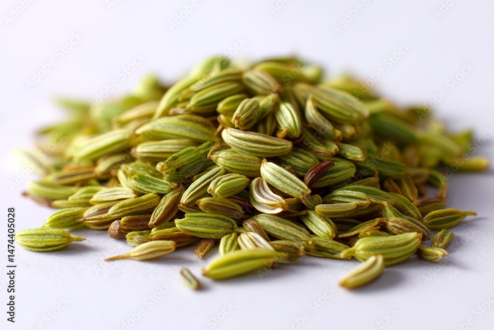 Poster fennel seeds in a close-up view showing their vibrant green color and unique texture