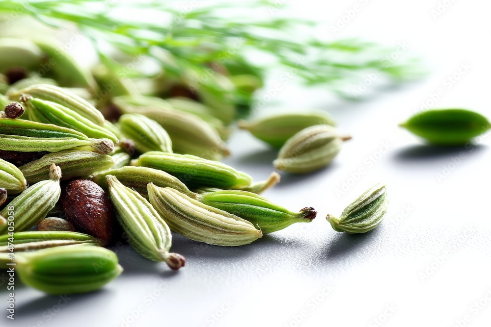 Poster detail-rich close-up of green cardamom pods on a smooth surface with herbs in the background showcas