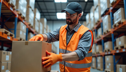 Warehouse worker organizing packages in a storage facility  