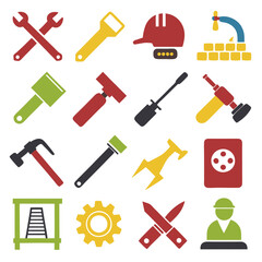 Construction tools flat icons set in varied bright colors