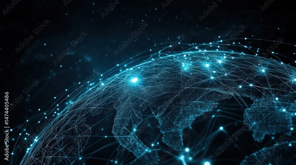 Poster a wireframe earth with pulsating connection points, depicting the internet invisible data highways