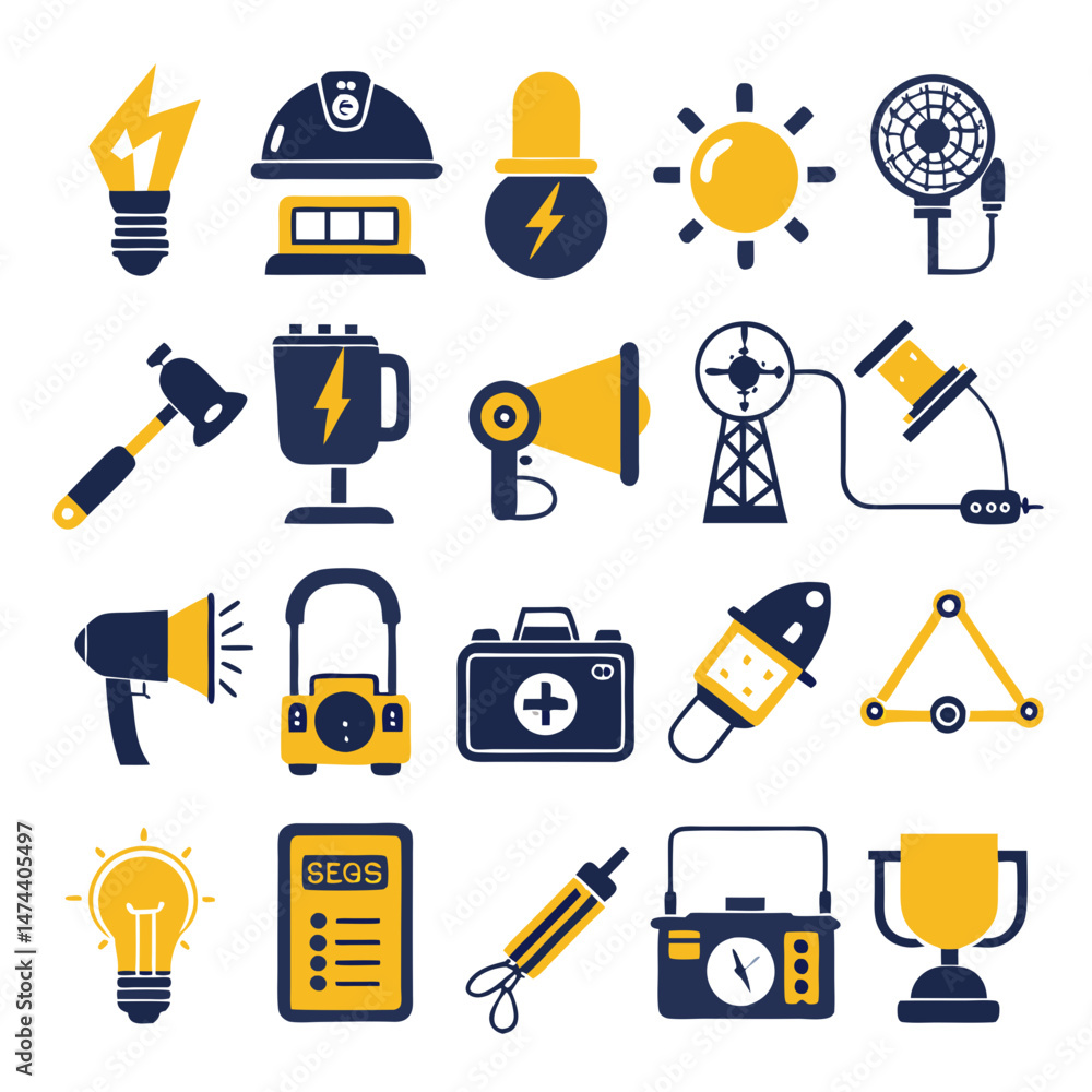 Poster simple icon set featuring technology equipment and tools