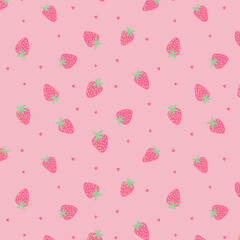 Strawberry seamless pink pattern with hand-drawn berries and leaves for fabrics and summer decoration. Seamless fruit design, vector berries, summer fruit motif, hand-drawn strawberries background