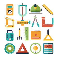 Collection of engineering and design tools flat lay illustration