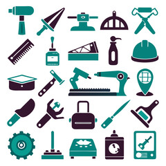 Illustration of various tools and industrial objects in Teal