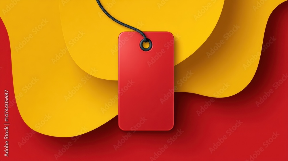 Fototapete Glossy Red Price Tag on Vivid Yellow Abstract Shape Creating a Striking Contrast in a Minimalistic Design Setting