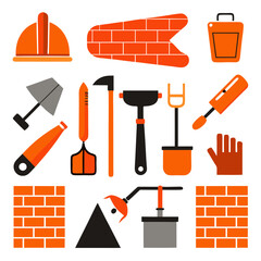 Construction worker tools and building materials vector illustration set