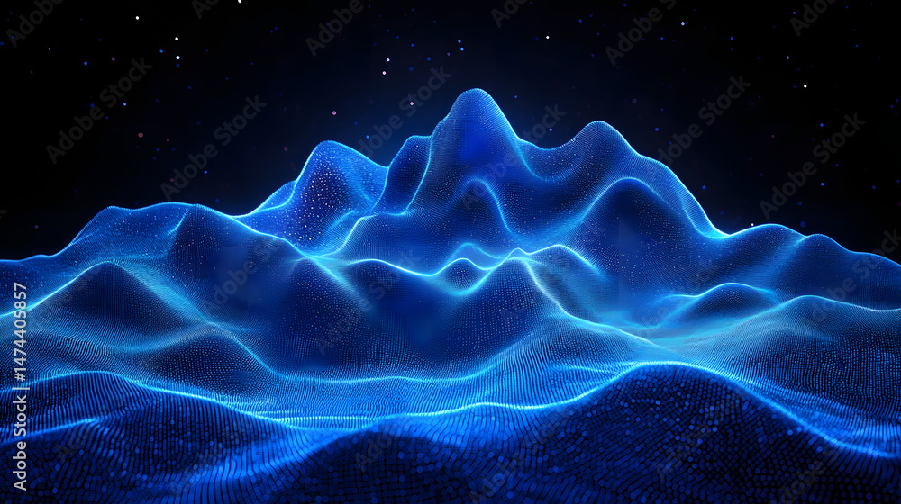 Aufkleber abstract landscape of glowing blue dots forming hills under a starry sky. digital rendering with a w