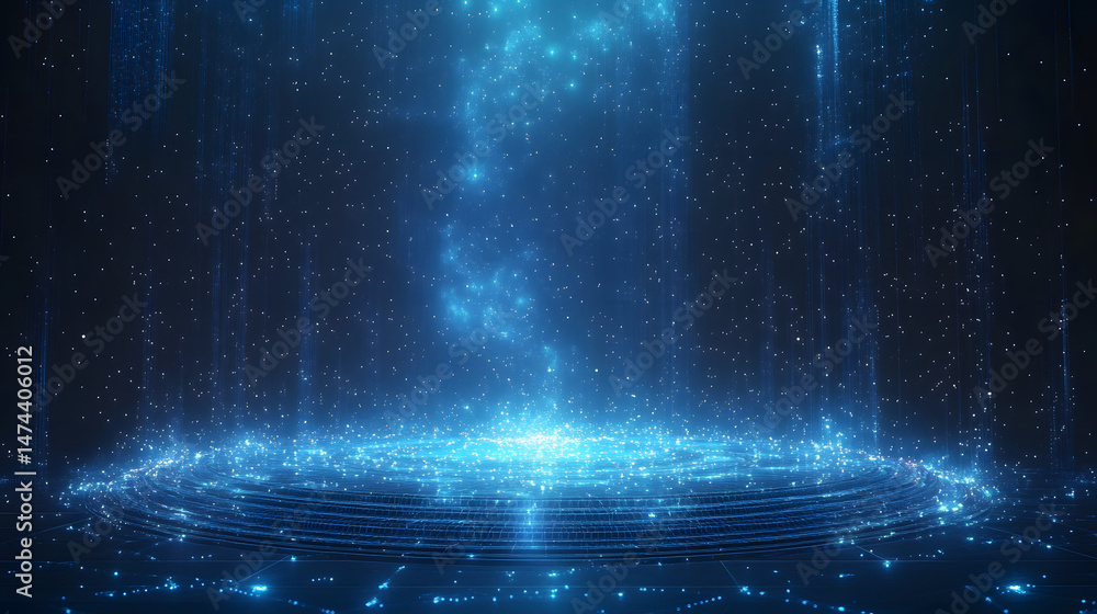 Fototapete Futuristic scene with a radiant blue grid and energy burst. Vertical light beams enhance depth, creating a high-tech environment. Abstract wireframe in dark blue.
