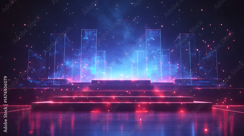 Fototapete Futuristic digital city with wireframe buildings and red steps reflecting on a shiny surface. Blue and pink particle effects enhance the abstract scene. Abstract wireframe in dark blue