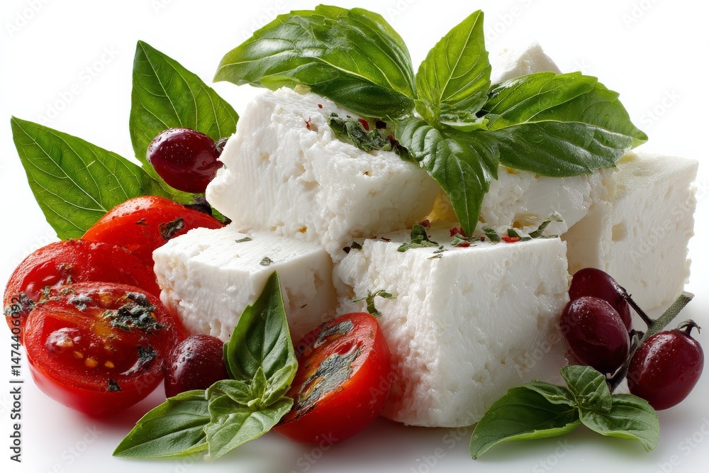 Aufkleber fresh tomatoes and feta cheese with basil leaves arranged on a table for a healthy dish preparation