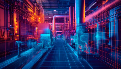 Industrial thermal imaging shows factory machinery, heat map with temperature differences. Focus on piping infrastructure, energy consumption, tech, production efficiency. Modern manufacturing,