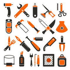 Assorted household tools in minimalist orange and black design