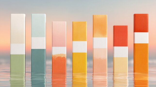 Colorful abstract bar graph showing data representation in a serene water setting