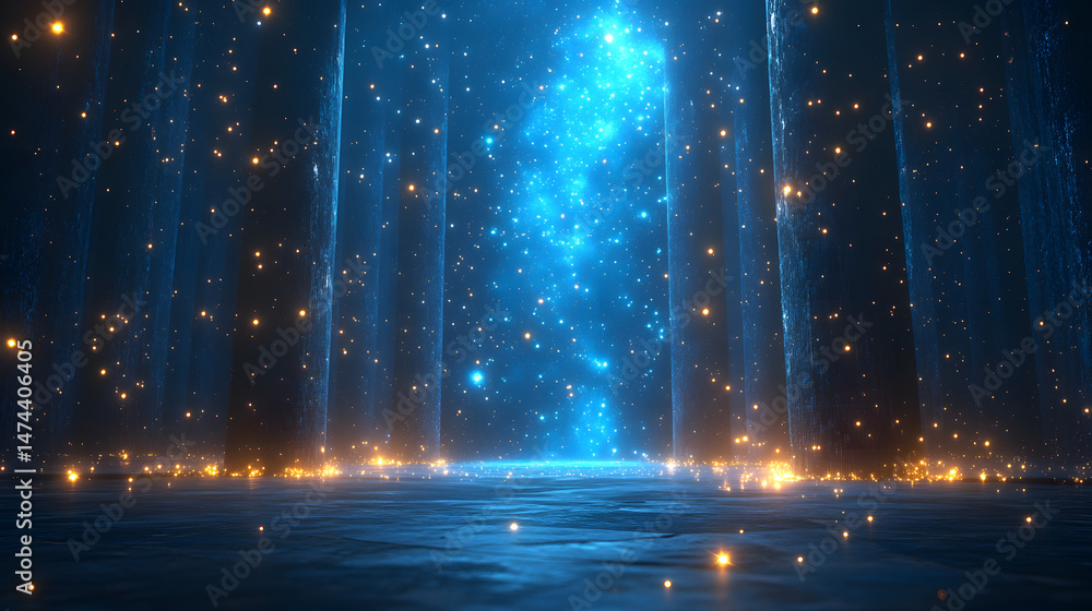 Leinwandbilder ethereal abstract composition featuring a radiant blue nebula surrounded by shimmering gold particle