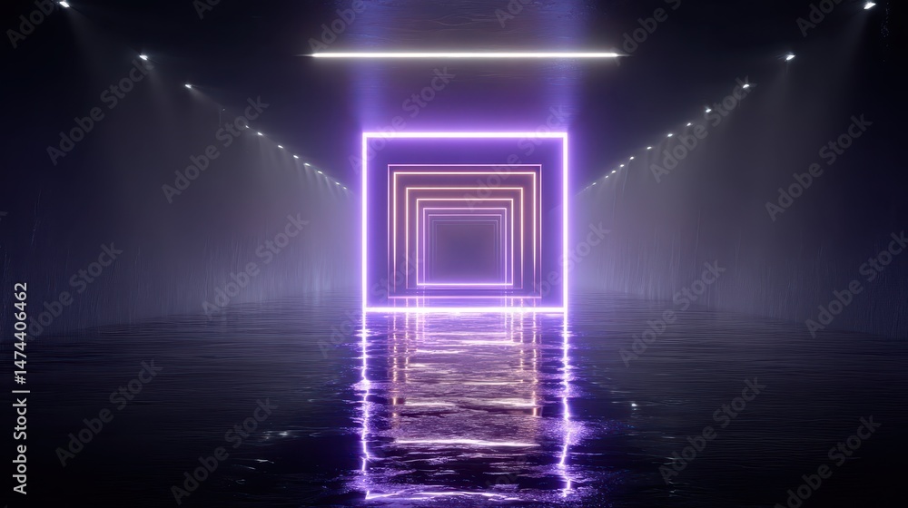 Poster a geometric tunnel features multiple glowing neon frames receding into the distance. the walls are d