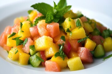 Colorful tropical fruit salad with mint leaves,