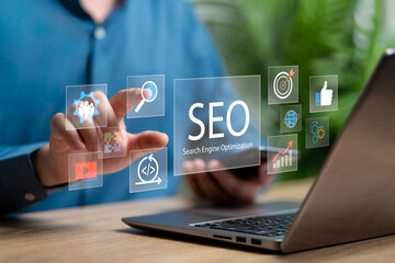 SEO, Search engine optimisation concept, Businessman touch on SEO icon, Business analysis,...