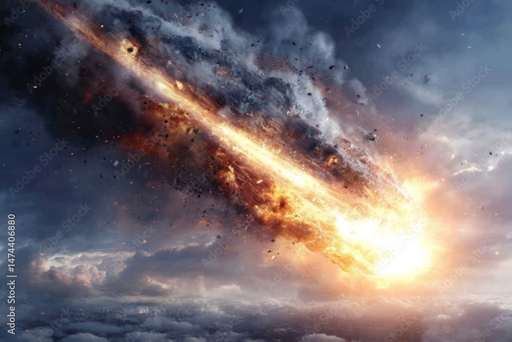 Poster meteor streaks across the sky, illuminating clouds with fiery waves during dramatic cosmic event at 