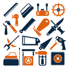 Flat icon set of tools with navy and orange colors